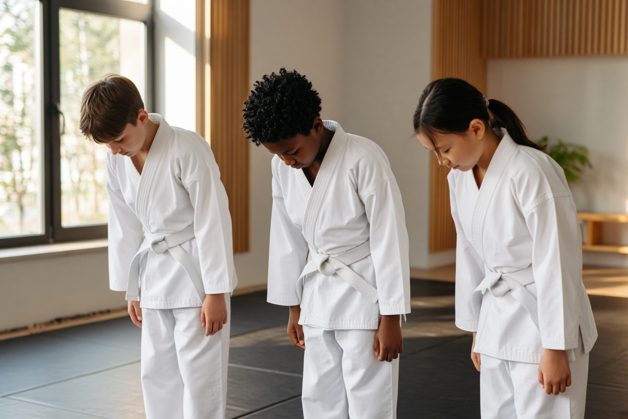 Three children in white karate uniforms bowing respectfully before class