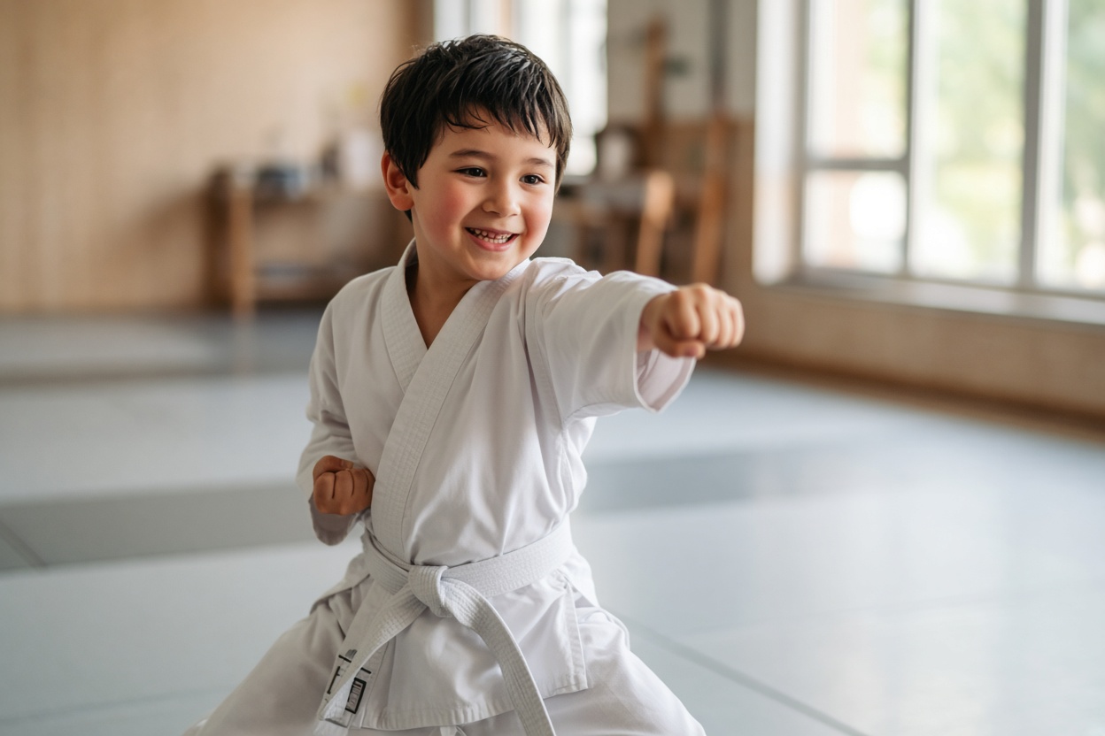 A young child in a white karate uniform smiling while practicing a punch